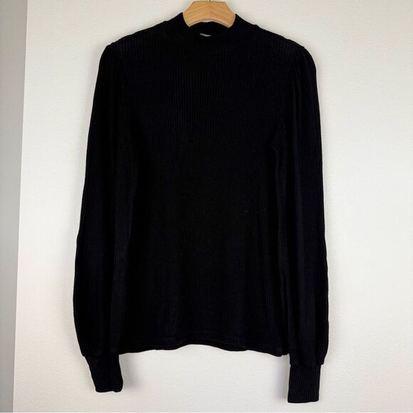 Reformation Black Ribbed Puff Shoulder Long Sleeve Womens Size XS/S - Picture 2 of 11